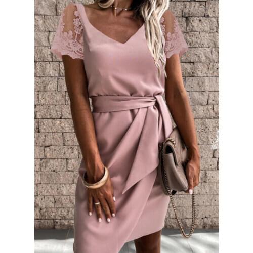 Fashion Women Lace Half Sleeves Dress Summer One Shoulder Mini Solid Color Dresses Office Ladies Sashes Lace Up Dresses