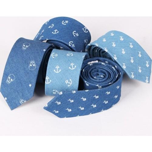 Fashion 6.5CM Cotton Denim Tie Brand Neckties For Men Groom Skull Fish Bone Pattern Narrow Neck Ties Party Accessories Necktie