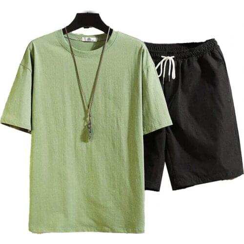 Men Sportswear Solid Drawstring Summer Round Neck Short Sleeve T-shirt Shorts Set Summer Office Tee Shirts Streetwear Plus Size