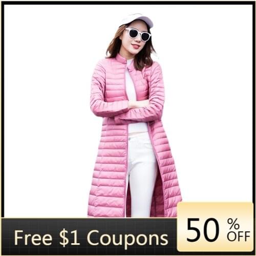 AreMoMuWha 2020 Autumn Winter New Lightweight Long Down Jacket Women Stand-up Collar Over The Knee Slim Duck Down Jacket Women