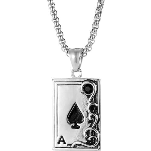 Poker Lucky Ace of Spades Pendant Necklace Men Silver Color Stainless Steel Chain Statement Jewelry Male Fortune Playing Cards