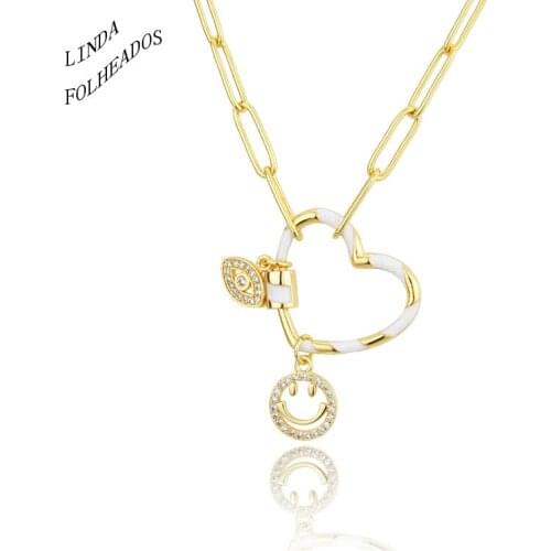 LINDA FOLHEADOS New Design Fashion Gold Zircon Link Chain Big Evil Eye And Heart Necklaces For Women Trendy Charm Party Gift