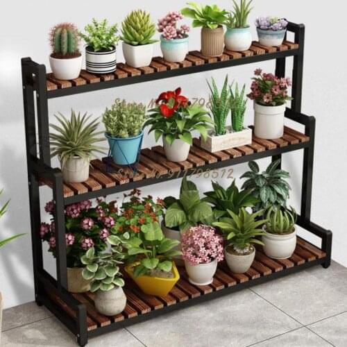 Flower shelf wrought iron solid wood balcony succulent green radish flower pot rack living room indoor floor three-layer ladder