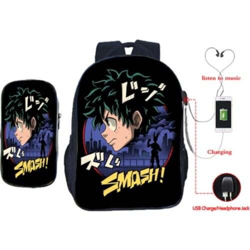 Anime My Boku No Hero Academia USB Backpack 16inch 2pcs-Set Teen Students School Bag Izuku Bakugou Shoto Laptop Travel Bag