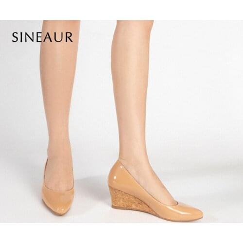 SINEAUR Women Shoes Fashion Low Mid-heel Pumps Wedge Heels Round Toes Patent Leather PU Elegant Office Ladies Plus Size 35-45