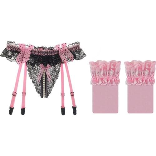 Linbaiway Ultra Thin Women Stockings Suspender Garter Set Sexy Lace Panties Bowknots Garter Belt Female Low Waist Briefs