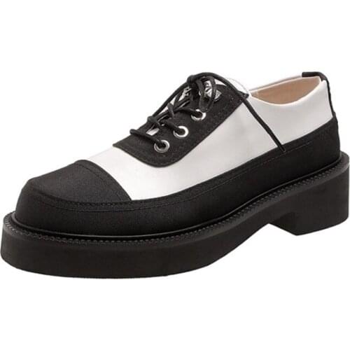 Spring Fashion Black White Color Matching Round Toe Platform Loafers Ladies British Style Leather Shoes Brand Womens Flat Shoes