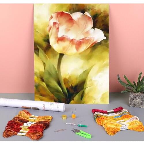 Tulips Flower Printed Fabric 11CT Cross-Stitch Complete Kit Embroidery DMC Threads Handicraft Knitting Painting Hobby Counted