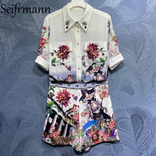 Seifrmann New 2021 Summer Women Fashion Runway Shorts Set Lantern Sleeve Pockets Loose Blouses + High Waist Printed Shorts Suits
