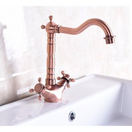 Red Copper Swivel Bathroom Faucet Deck Mounted Dual Handle Basin Mixer Sink Faucets Tap lnf255