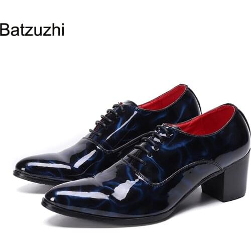 Batzuzhi Japanese Type Men Shoes Pointed Toe Blue/Red Leather Dress Shes Men Lace-up Formal Business, Party and Wedding Footwear