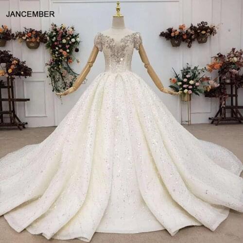 HTL1540 White Wedding Dress Elegant 2020 Lace Up Appliques Sequined Ruched Pleat O-Neck Ball Gown Backless Wedding Party Dress