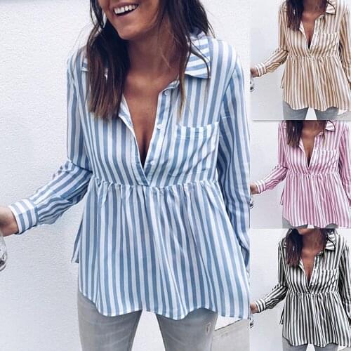 Blouse for women Plus Size Sexy Stripe Blouse Strings Loose Full Sleeve Boy Friend Buttons Female Summer All Matched Shirt