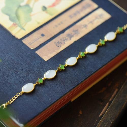 Ancient Gold S925 Sterling Silver Inlaid Natural Hetian Jade White Jade Stitching Jasper Bracelet Palace Style Bracelet Ornament
