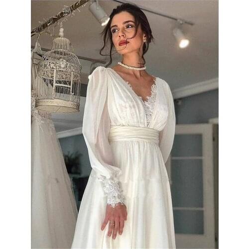 Boho Elegant Lace Chiffon Wedding Dress Long Sleeve Deep V Neck Open Backless 2021 Spring Bridal Gowns Vestido De Noiva