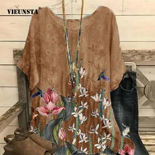 Women Vintage O-neck Short Sleeve T-shirt Tops Casual Loose Floral Printed T-shirt Ladies Summer Fashion Elegant Pullover Tops