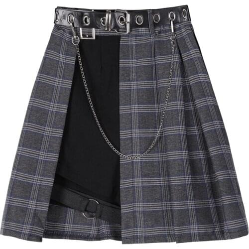 Summer High Waist Chains Belted Plaid Skirt Punk Female Irregular Pleated Goth Skirts 2019 Women Fashion Asymmetrical Skirts