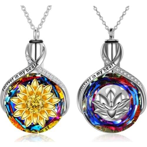 Fashion Crystal Flowers Cremation Ash Urn Heart Sunflower Lotus Pendants Necklace Metal Women Men Can Open Jewelry Gifts