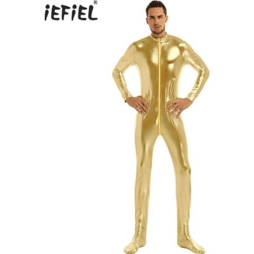 Mens Lingerie Shiny Metallic Leotard Latex Catsuit Long Sleeves One-piece Stretchy Full-body Lingerie Bodysuit Night Club Wear