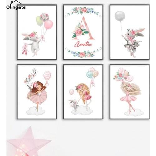 Cartoon Canvas Painting Nordic Posters and Prints Ballet Girl Rabbit Balloon Flowers Wall Art Pictures for Kids Room Home Decor