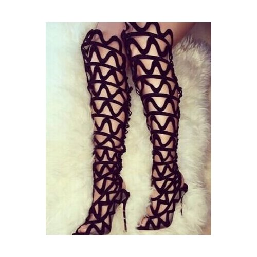 Real Photo Hot Selling Black Leather Peep Toe Cut-out Tight High Sandals Boots Lace-up Open Heel Summer Gladiator Sandals Boots