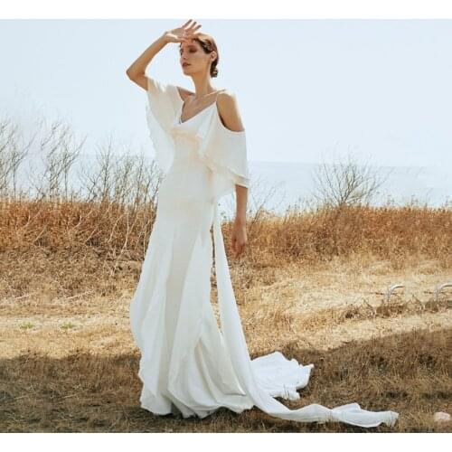 Boho Cheap Wedding Dress Spaghetti Strap A Line Sexy Backless Beach Wedding Gown White Ivory Ruffles Chiffon Bride Dress 2021