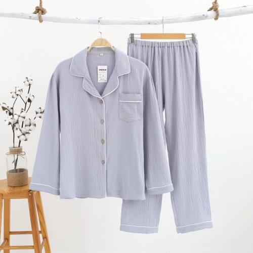 New Cotton Couple Pajamas Crepe Long-sleeved Trousers Leisure Pyjamas Women Solid Spring Pajama Set Loungewear Pijamas Home Suit