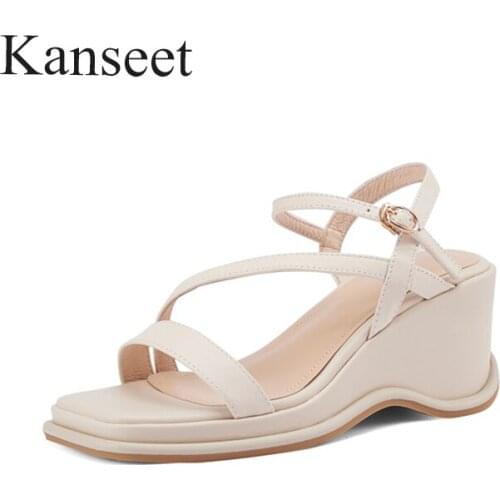 Kanseet Women Sandals Wedges Design 2021 Summer New Apricot Genuine Leather Buckle Strap Handmade High Quality High Heels Shoes