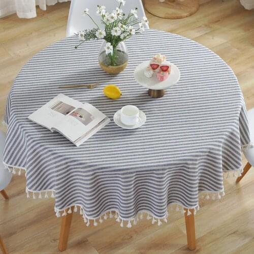 Striped Dust-Proof Tassel Tablecloth Decorative Cotton Linen Cover For Kitchen Table Runner Round Dining Living Room