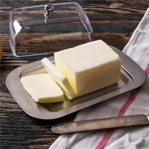 Top Stainless Steel Butter Dish Box Container Cheese Server Storage Keeper Tray with See-through Acrylic Easy Lid
