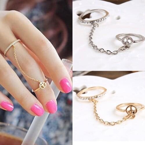 Trend all-match Jewelry Chain Link Two Finger Rings For Women Double Ring Alloy Foliage Wedding Love Anillos Gold Silver Plated