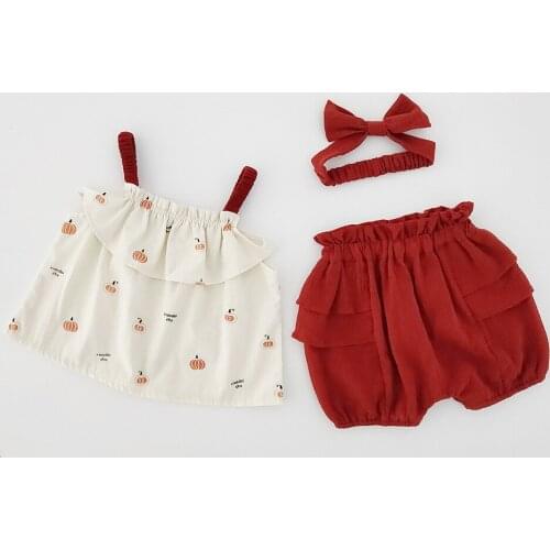 Vintage pumpkin design baby girls clothing set children floral strap shirt+shorts suit 2pcs kids dot clothes set suit children