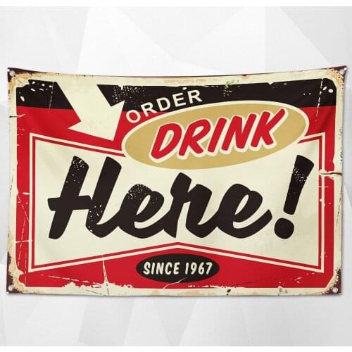 ORDER DRINK HERE! Retro Hanging Cloth Wall Chart Vintage Beer Day Poster Wallpaper Banner Flag for Beerfest Parties Decoration