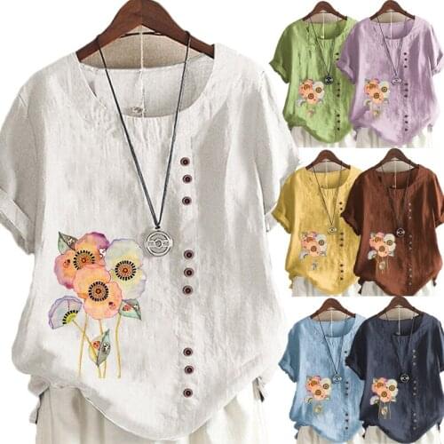 Womens Fashion Summer New Floral Printed Short Sleeve T-shirt Casual Round Neck Tops Loose Solid Color Blouse