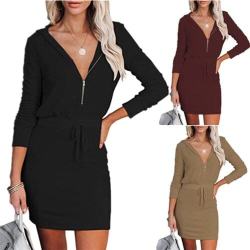 New 2021 Autumn Winter Womens Solid Color V neck Long Sleeve Zipper Hooded Tunic Dress Casual Elegant Sexy Fashion Tshirt OL Dr