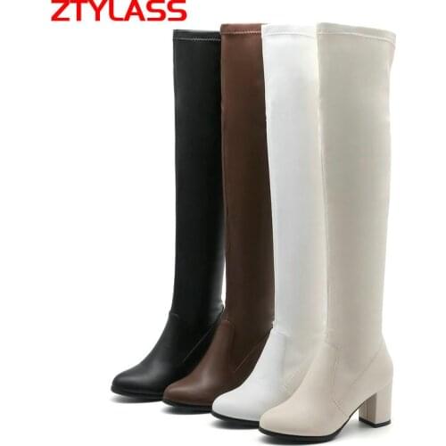 Plus Size Womens Shoes Fashion Women Knee High Boots Slip On Thick High Heel Stretch Boots Ladies Autumn Winter Long Boots