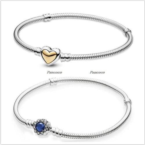 Authentic 925 Sterling Silver Domed Golden Heart Clasp Snake Chain Bracelet Bangle Fit Women Bead Charm Pandora Jewelry