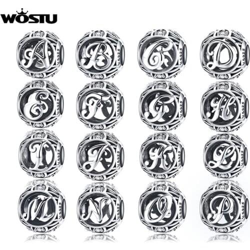 WOSTU Genuine 925 Sterling Silver Fashion Letter A-Z Beads Charm fit Original Bracelet Necklace Woman DIY Jewelry Making CQC738