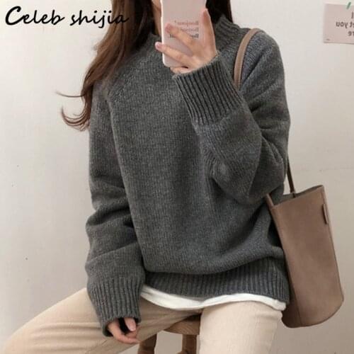 SHIJIA Thicken Brown Woolen Sweater Woman Fall 2021 Long Sleeve Knitted Korean Loose Fashion Warm Jumper Autumn Winter Tops