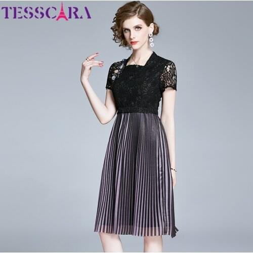 TESSCARA Women Summer Elegant Beading Lace Dress Festa High Quality Pleated Cocktail Party Robe Femme Designer Vintage Vestidos