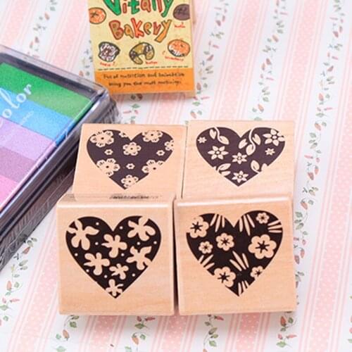 4pc/SET Assorted Retro Vintage Love Heart Pattern Wooden Rubber Stamp Scrapbook DIY Floral Lace Decoration Stamp High Quality