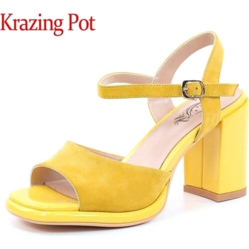 Krazing Pot new sheep suede round toe high heels peep toe candy colors solid dating high fashion buckle straps women sandals L72