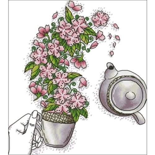 Peach Blossom Tea patterns Counted Cross Stitch 11CT 14CT 18CT DIY Chinese Cross Stitch Kits Embroidery Needlework Sets