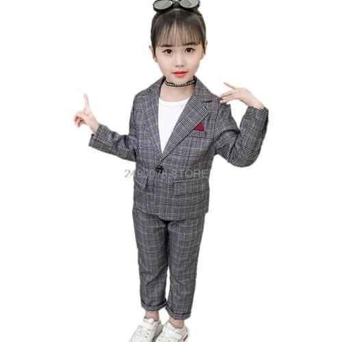 Wedding Kids Suit for Girls Formal Jacket + Pant 2pcs Suits for Teenagers Brand Plaid Children Prom Performance Costume Blazer
