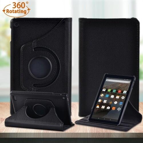 For Amazon Fire 7 5th Gen 2015 /7th Gen 2017 /9th Gen 2019 PU Leather 360 Rotating Automatic Wake-Up Tablet Case+Free Stylus