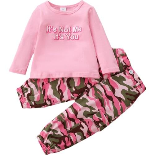 New Girls Casual Two-piece Clothes Set, Pink Round Collar Pullover and Camouflage Printed Pattern Pants