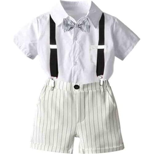 Summer Boys Gentleman Formal Suits Bow Shirt+Strap Shorts Sets ChildrenToddler Boy Birthday Party Wedding Outfits