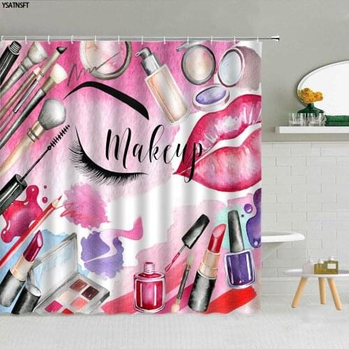 Fashion Cosmetics Shower Curtain Perfume Lipstick Makeup Brush High Heel Red Lips Fabric Bathroom Decor Cloth Curtains Washable