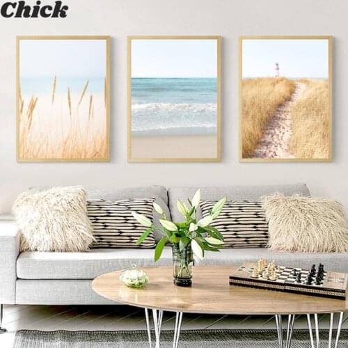 Coastal Wall Art Canvas Painting Pastel Beach Landscape Posters And Prints Pampas Grass Wall Pictures For Living Room Home Decor