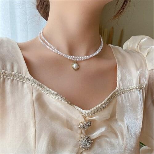 Korean Double Layer Pear Choker Necklace for Women Oval Imitation Pearl Pendant Necklace 2021 New Kpop Charm Wedding Jewelry